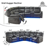 Power Recliner Sectional Sofa Couches with LED Lights for Living Room, Faux Leather Wall Hugger Reclining Corner Couch Sets with 2 Home Theater Seat, USB Charger, Cup Holder, Storage Console, Grey Comfort Stretch