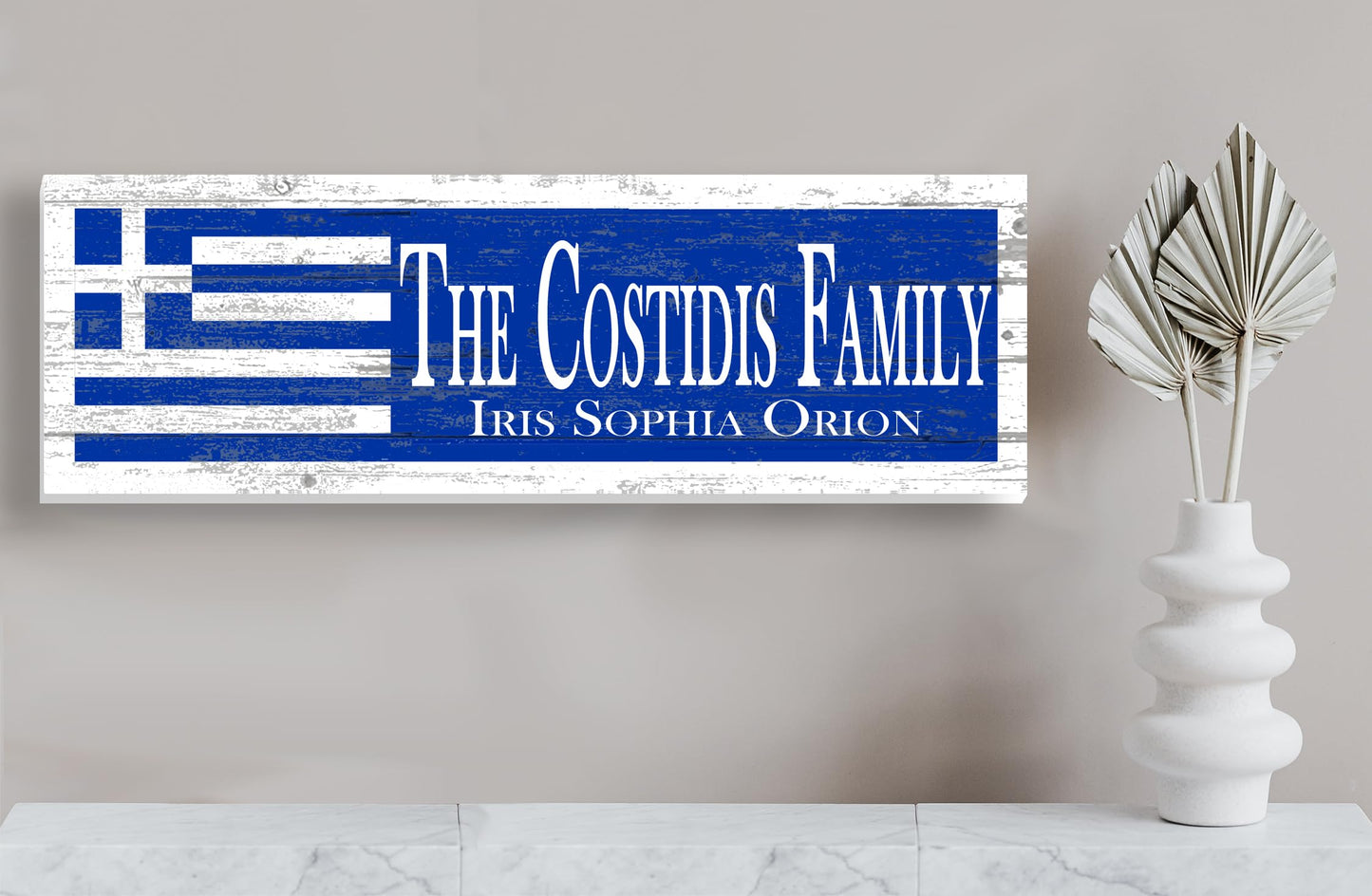 Custom Greek Flag Sign Personalized Name - Solid Wood - 16.in x 5.5in - For Greek Family Home, Greek Theme Wedding Gift, or Man Cave - WoodArtSupply