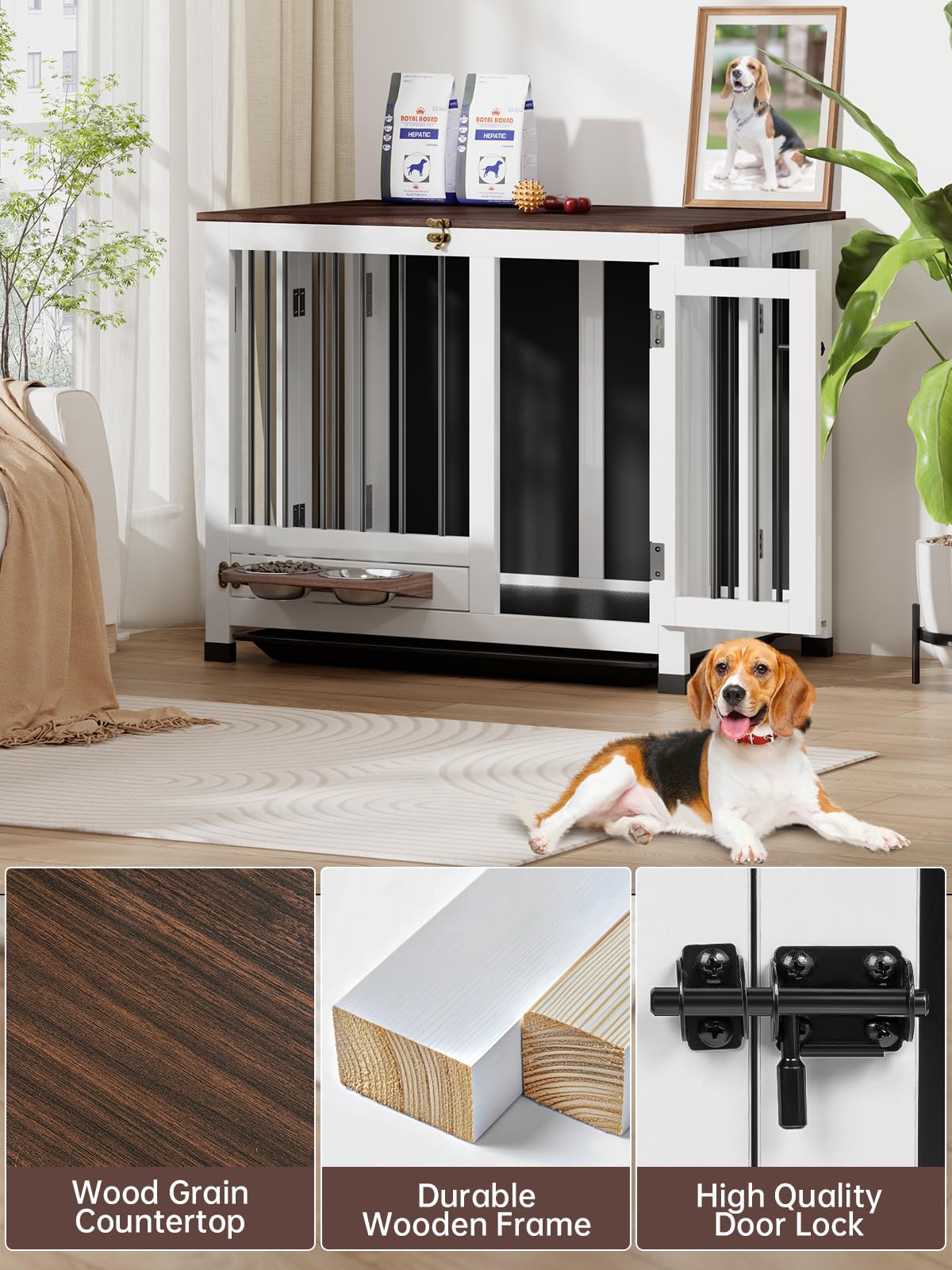 OtterOasis Dog Crate Furniture, Dog Kennel Indoor Foldable and Portable, Sturdy Wooden Dog Crate End Table Easy Assembly with 360° Rotating Feeder and Detachable Tray for Small Dogs, Medium Dogs OtterOasis