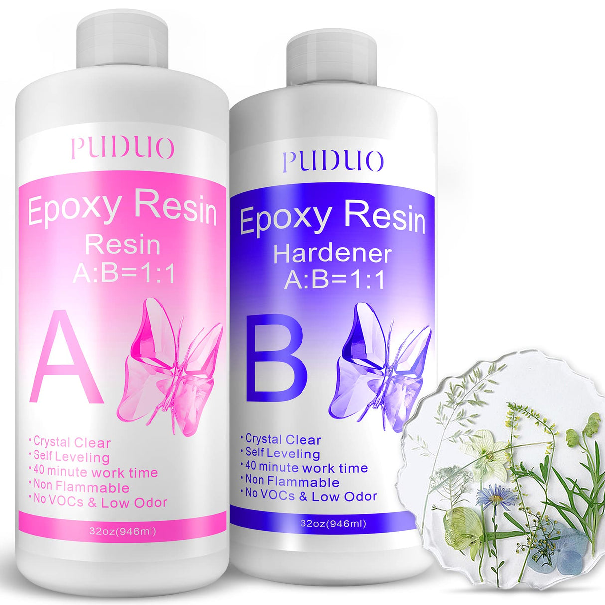 Epoxy Resin Clear Kit 64 OZ for Art, Jewelry Making, Crafts, Keychain - Including 32 OZ Resin and 32 OZ Hardener, Fast Curing 2 Part AB Epoxy Casting Resin by Puduo Puduo