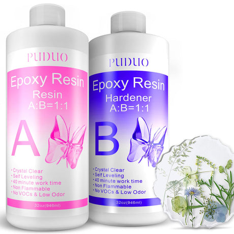 Epoxy Resin Clear Kit 64 OZ for Art, Jewelry Making, Crafts, Keychain - Including 32 OZ Resin and 32 OZ Hardener, Fast Curing 2 Part AB Epoxy Casting Resin by Puduo Puduo