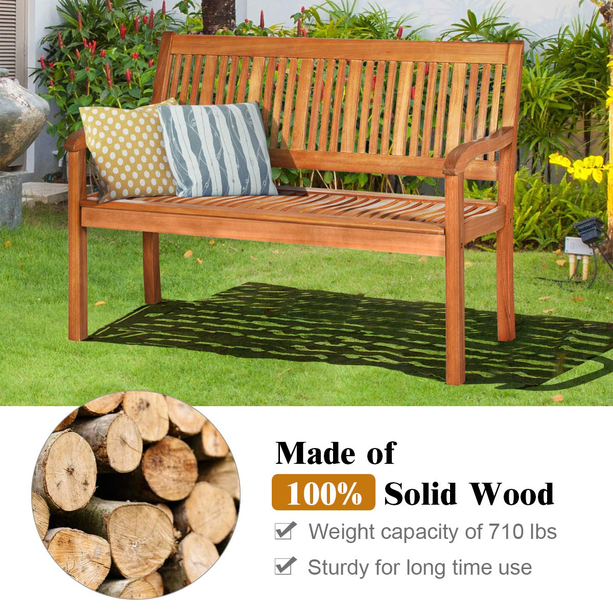 Tangkula Outdoor Wood Bench, Two Person Solid Wood Garden Bench w/Curved Backrest and Wide Armrest, Large Bench for Patio Porch Poolside Balcony, 50" W x 25" D x 36" H (Natural) - WoodArtSupply