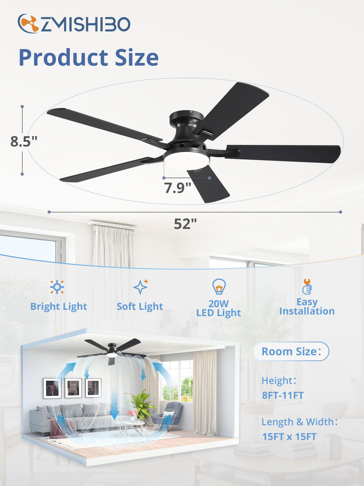 ZMISHIBO 52 Inch Ceiling Fan with Light, App&Remote Control, Flush Mount Low Profile, Dimmable 20W LED Light, Quiet Reversible Motor for Bedroom, Living Room, Apartment, Black ZMISHIBO