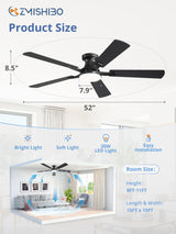ZMISHIBO 52 Inch Ceiling Fan with Light, App&Remote Control, Flush Mount Low Profile, Dimmable 20W LED Light, Quiet Reversible Motor for Bedroom, Living Room, Apartment, Black ZMISHIBO