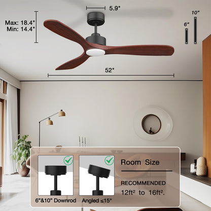 Hoenofly 52” Wood Smart Ceiling Fans with Lights Remote,Quiet DC Motor,Outdoor Indoor Ceiling Fan,Voice Control via WIFI Alexa App,Dimmable,Modern Black Lighting& Ceiling Fan for Bedroom Patio Porch