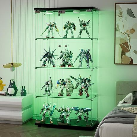 Maotifeys 64" Glass Cabinet, 4 Shelves Glass Display Cabinet with LED Lights, Glass Storage Cabinet with 2 Doors, Curio Cabinet Toy Organizers Rack, Display Shelf, Kids Bookshelf for Bedroom, Black Maotifeys