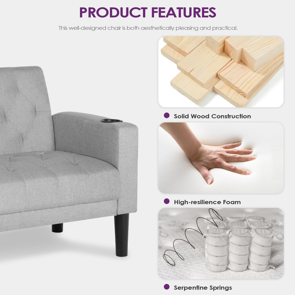 TYBOATLE Accent Chairs Set of 2 Comfy Living Room Chair Tufted Mid Century Modern Accent Chair, Cozy Upholstered Reading Arm Chair for Office, Bedroom (Light Grey, Set of 2) TYBOATLE