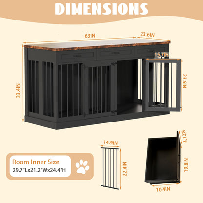 63 inches Large Dog Crate Furniture for 2 Dogs Double Dog Crate Wooden Heavy Duty Dog Kennel Furniture TV Stand with 3 Drawers for Large Medium Dogs,Black