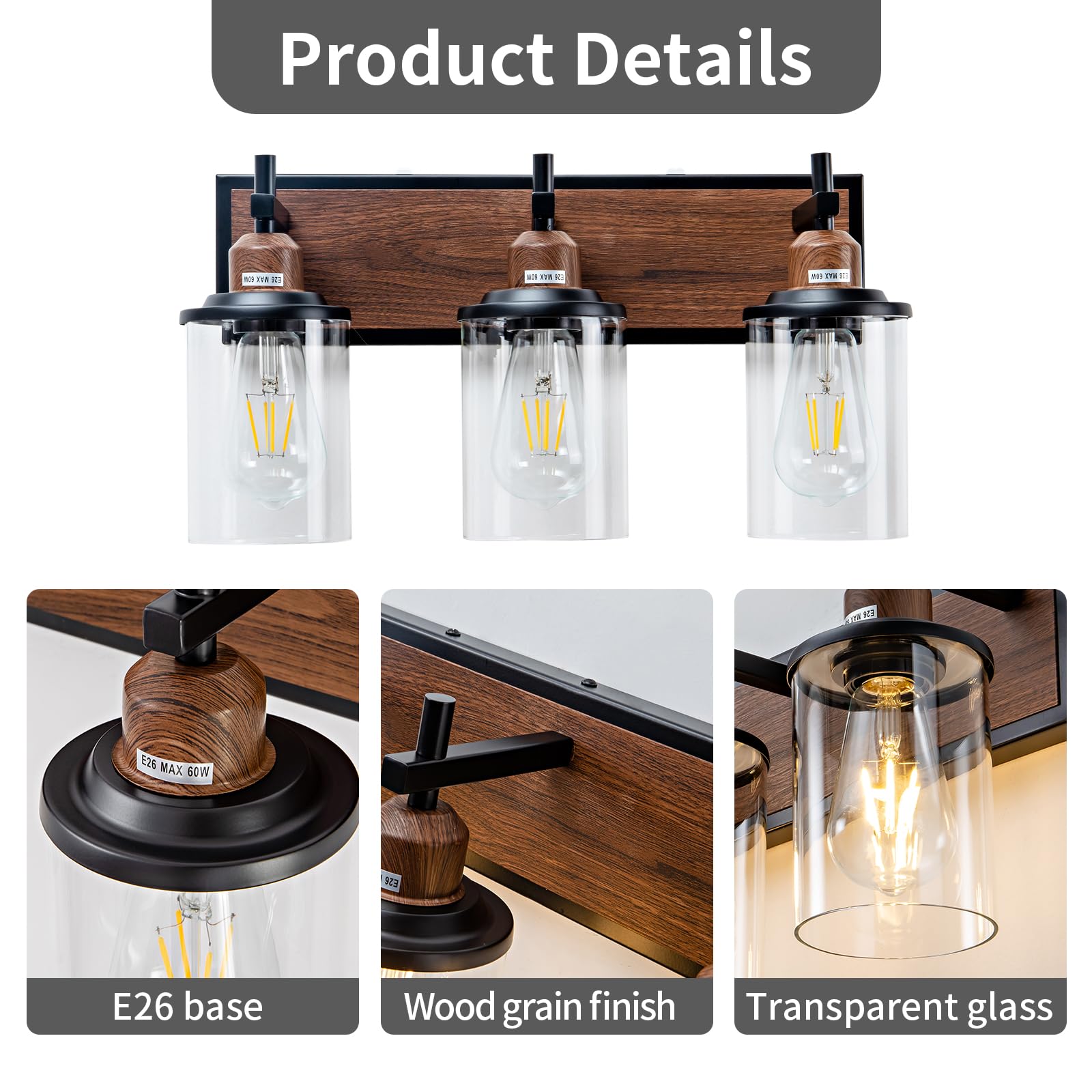 Lanhall 3-Light Farmhouse Bathroom Light Fixtures Vintage Bathroom Vanity Lights Over Mirror Black and Wood Painted Metal Vanity Light for Bathroom with Glass Shades E26 Socket - WoodArtSupply