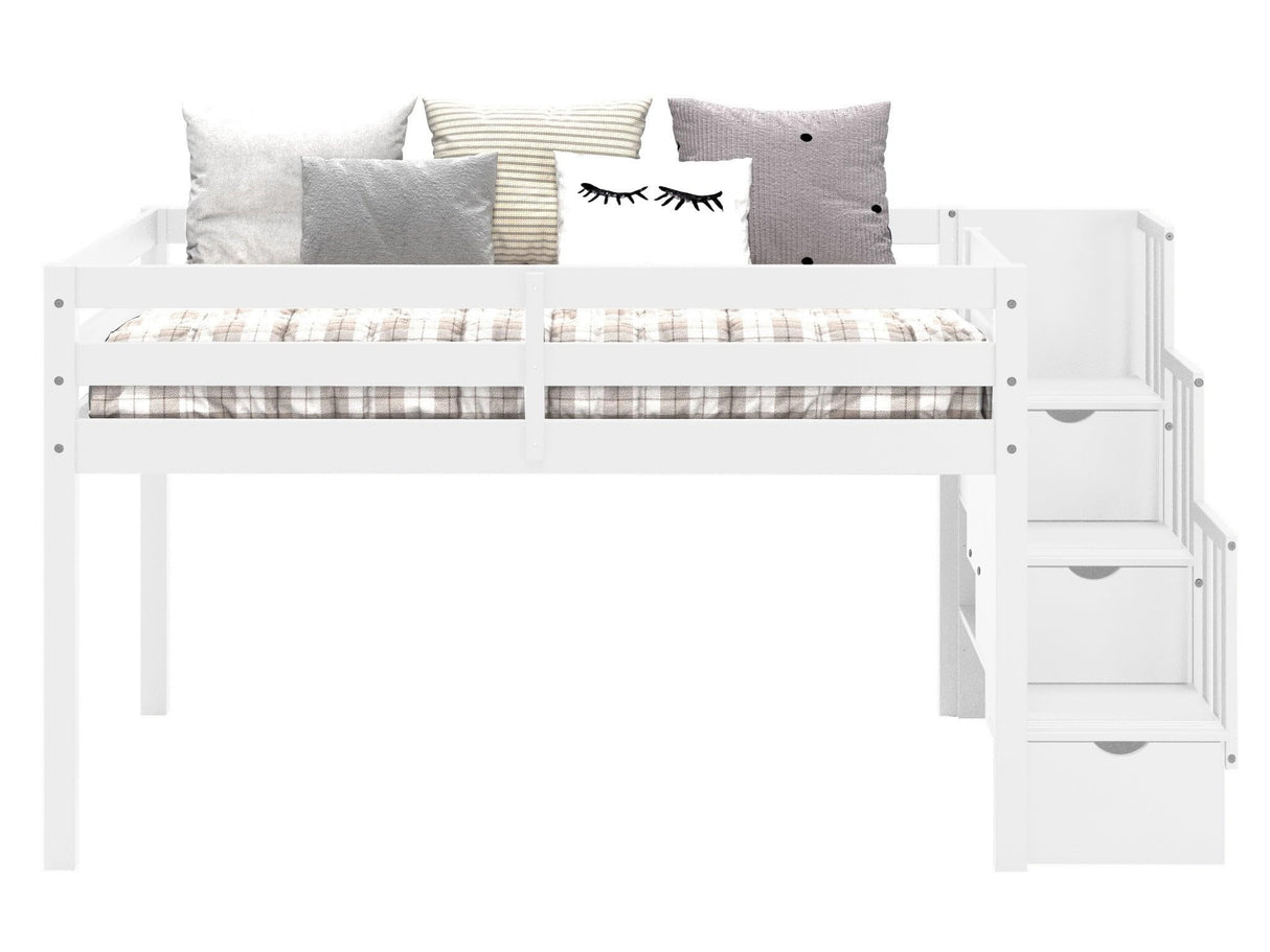 Bedz King Contemporary Low Loft Twin Bed with 3 Step-Stairway, White Bedz King