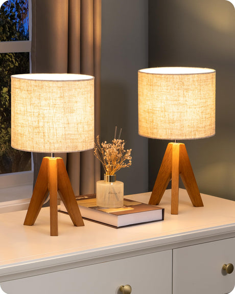 EDISHINE Small Table Lamp, Wooden Tripod Bedside Lamp with Linen Fabric Lampshade, 14.2" Nightstand Lamp for Bedroom, Living Room, Office, 2 Pack EDISHINE