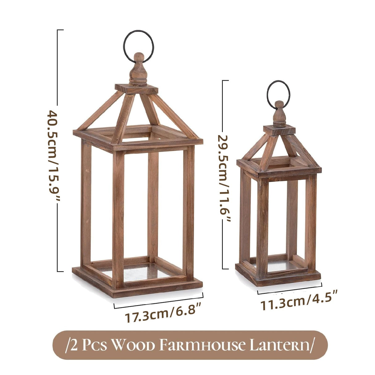 Staymoment Wooden Decorative Candle Lanterns Set of 2, Indoor Rustic Hanging Candle Holder for Centerpiece Mantle Shelf Porch, 12" & 16" Farmhouse Home Decor Wedding Table Decoration, Brown Staymoment