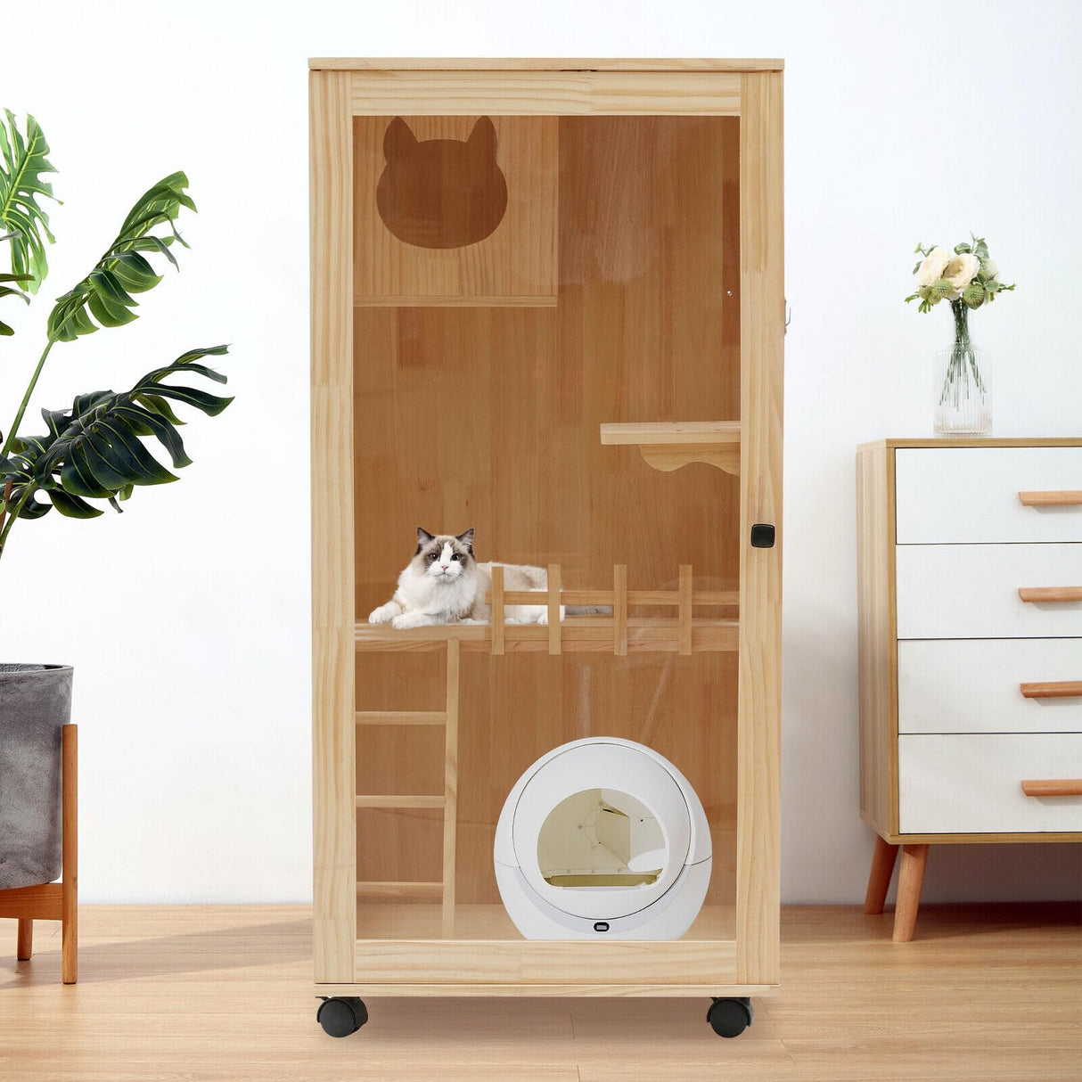 Wooden Cat House, Large Wooden Indoor Cat Enclosure Catio Cage with Ramp and Covered Cat House Kit, Enclosed Cat Condo w/Wheels for Cats Kittens YINZINR