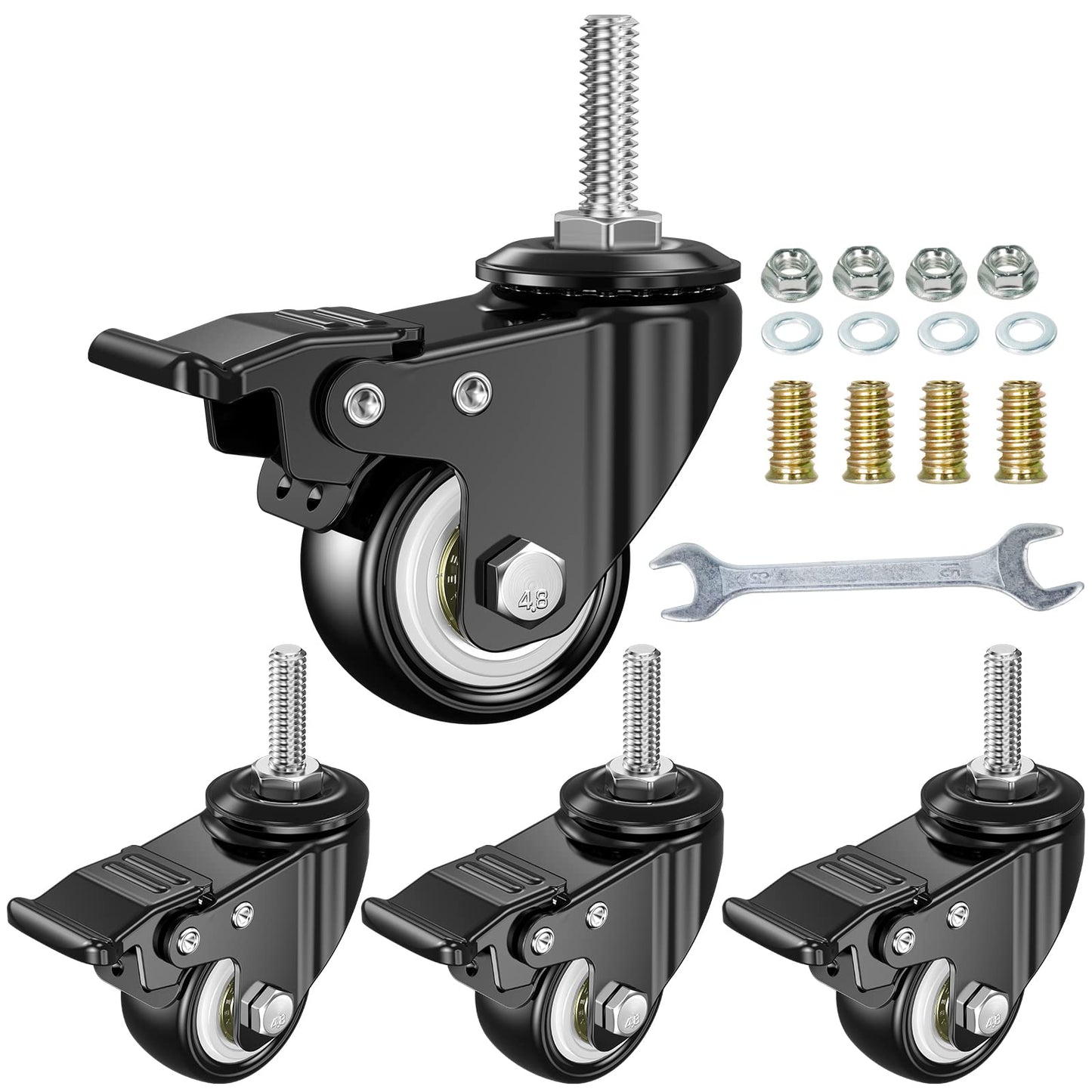 1.5 Inch Swivel Caster Wheels Set of 4, YEEMIGO Locking Casters Heavy Duty Total Capacity 330lbs, Metric M8×25mm Threaded Stem PU Casters with Brake, Castors for Hardwood Floor Carpet