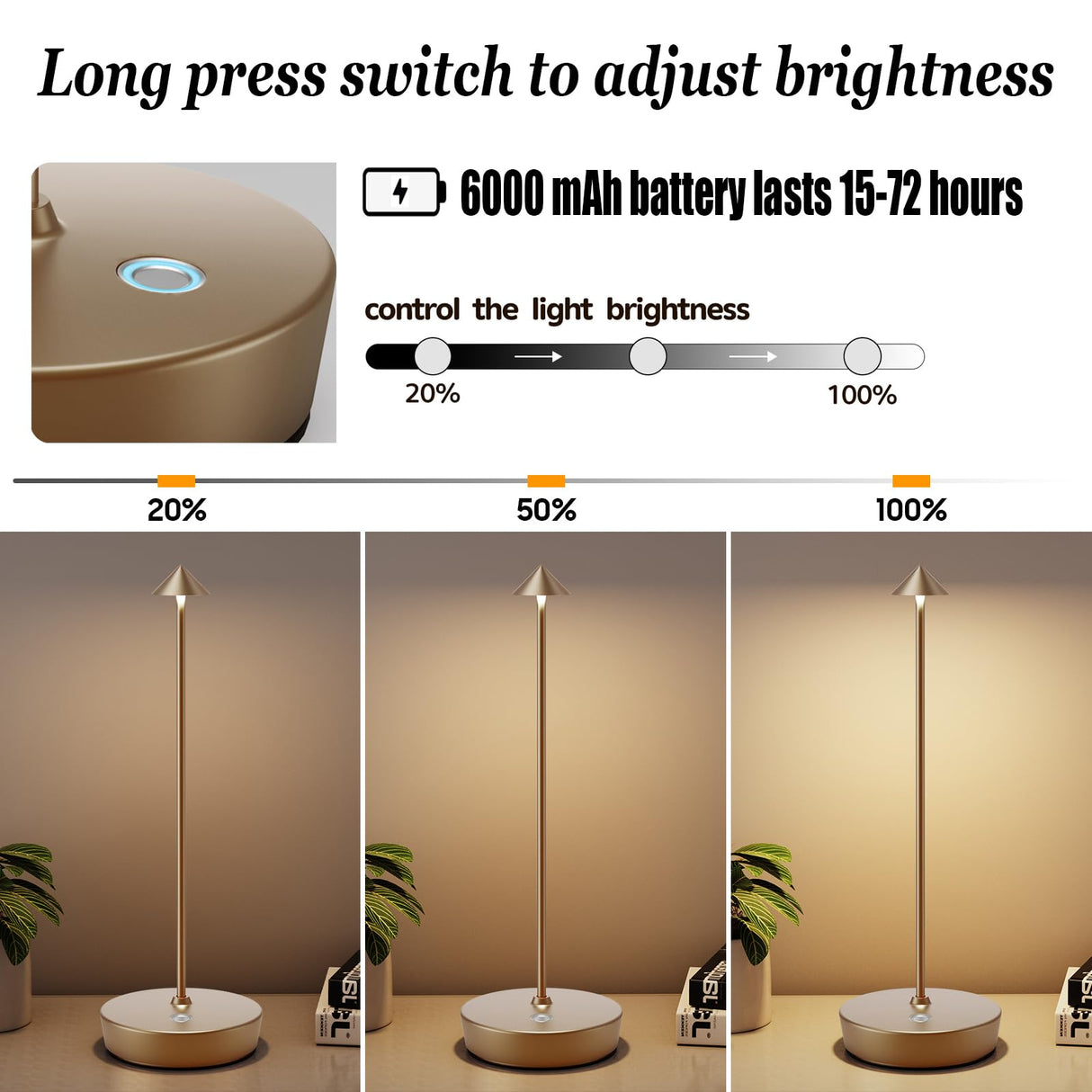 YIBEN 2Pack Rechargeable Cordless Table Lamp, Portable Powered LED Battery 6000mAh Metal USB Desk Lamp, 3 Levels Brightness Light for Restaurants Outdoor (2pack Titanium) YIBEN