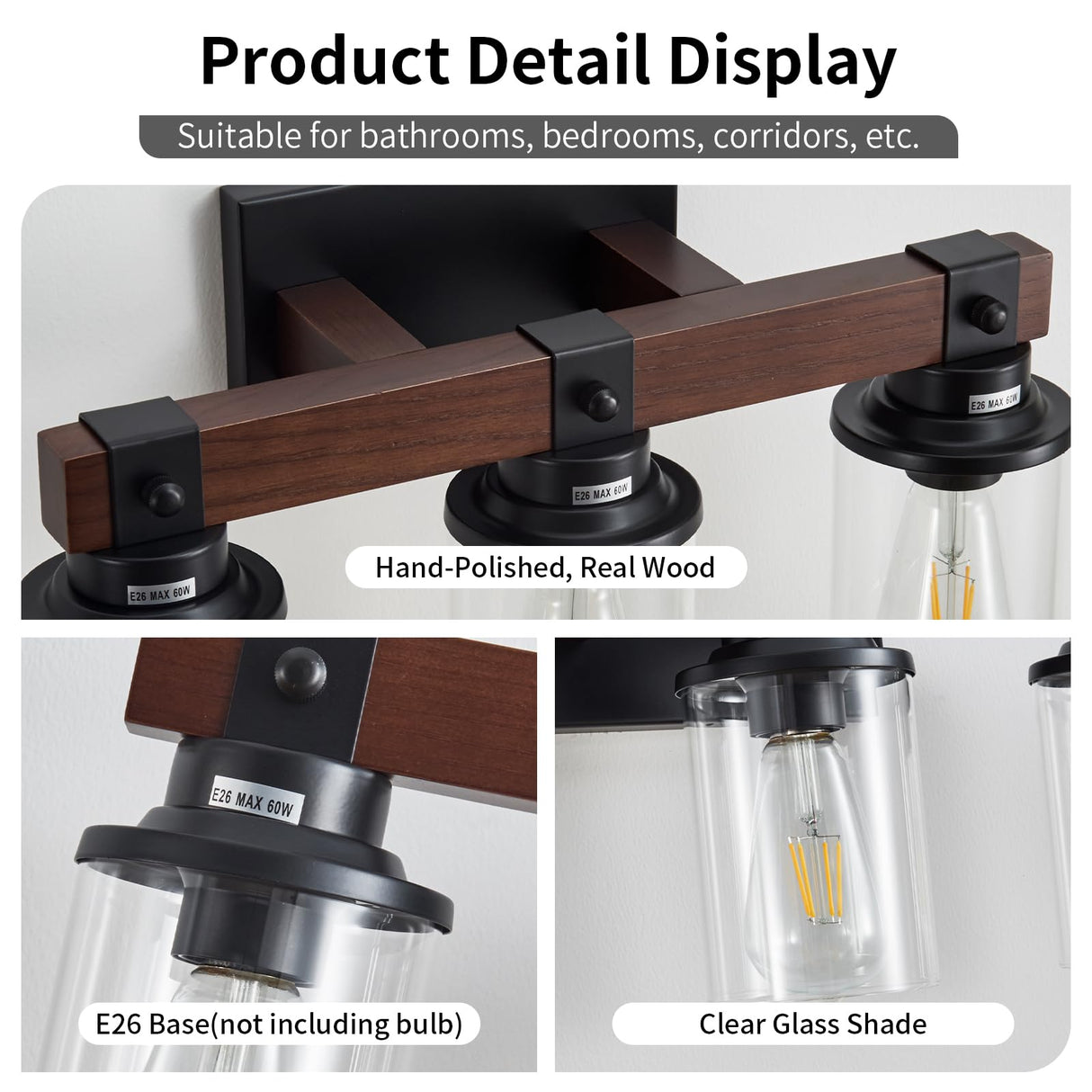 Aixialin Farmhouse Wood Vanity Light for Bathroom, 3-Light Wood Bathroom Vanity Light Fixtures Over Mirror, Rustic Sconces Wall Lighting with Metal Lampshade for Bathroom, Bedroom, Hallway Aixialin