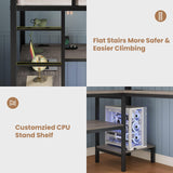 BTHFST Full Size Loft Bed with L-Shaped Desk and 3 Storage Drawers, LED Lights & Charging Station, Open Storage Shlef, Metal Loft Bed Frame with Solid Slats and Guardrail, Space Saving, Grey BTHFST