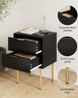 Masupu Nightstand,Mid-Century Modern Bedside Table with 2 Storage Drawer,Small Gold Frame Side End Table for Bedroom,Living Room, Black Masupu