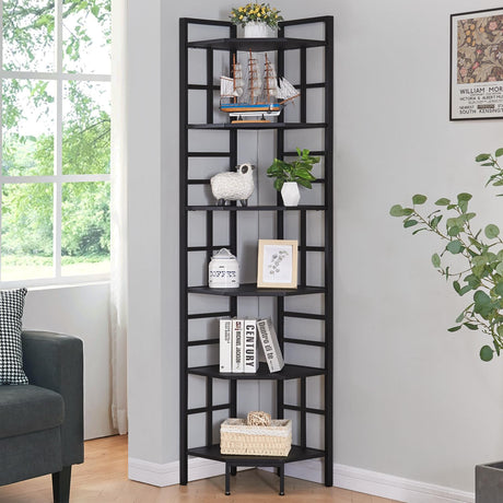 HOMISSUE Corner Shelf, 6 Tier Tall Narrow Bookshelf 76.9", Industrial Corner Bookcase with Storage for Home Office Living Room and Bedroom, Black HOMISSUE