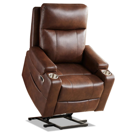 Eiayeebil Triple Motor Power Lift Recliner Chair with Adjustable Lumbar Support, Lay Flat Recliner for Elderly, Breathable Brown Leather Recliner, Lift Chair Massage & Heating, USB Ports, Cup Holders Eiayeebil