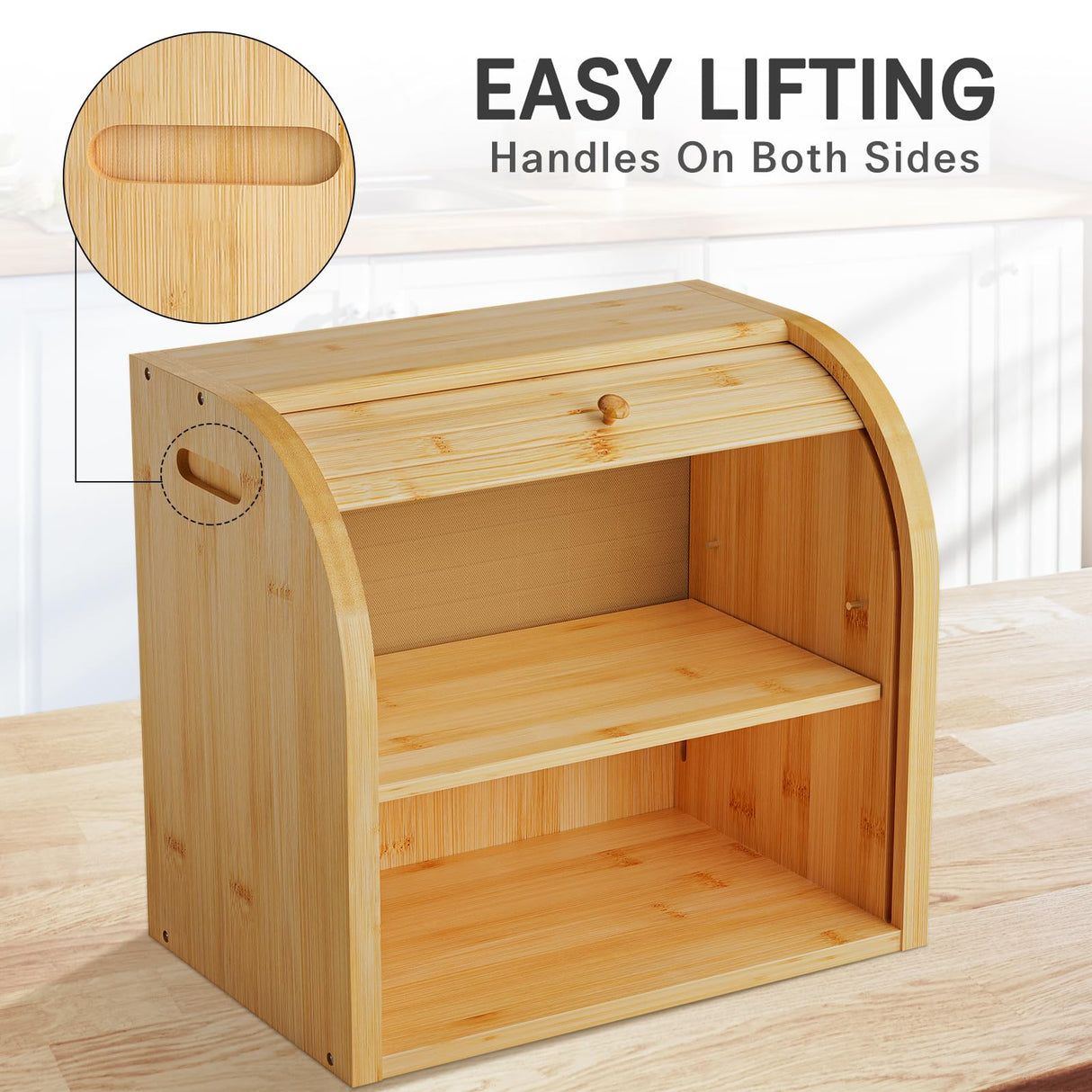 Merysen 2 Tier Bamboo Bread Box for Kitchen Countertop–Bread Storage Holder, Large Capacity Bread Storage Container, with Removable Layer for Home Storage and Display (Self-assembly) Merysen