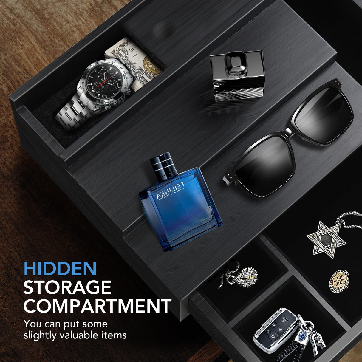 Cologne Stand Organizer for Men, 3 Tier Cologne Display Shelf with Velvet Lining Drawer and Compartments for Watch, Jewelry, Perfume Display Risers for Cologne, Great Gift for Father Zecela