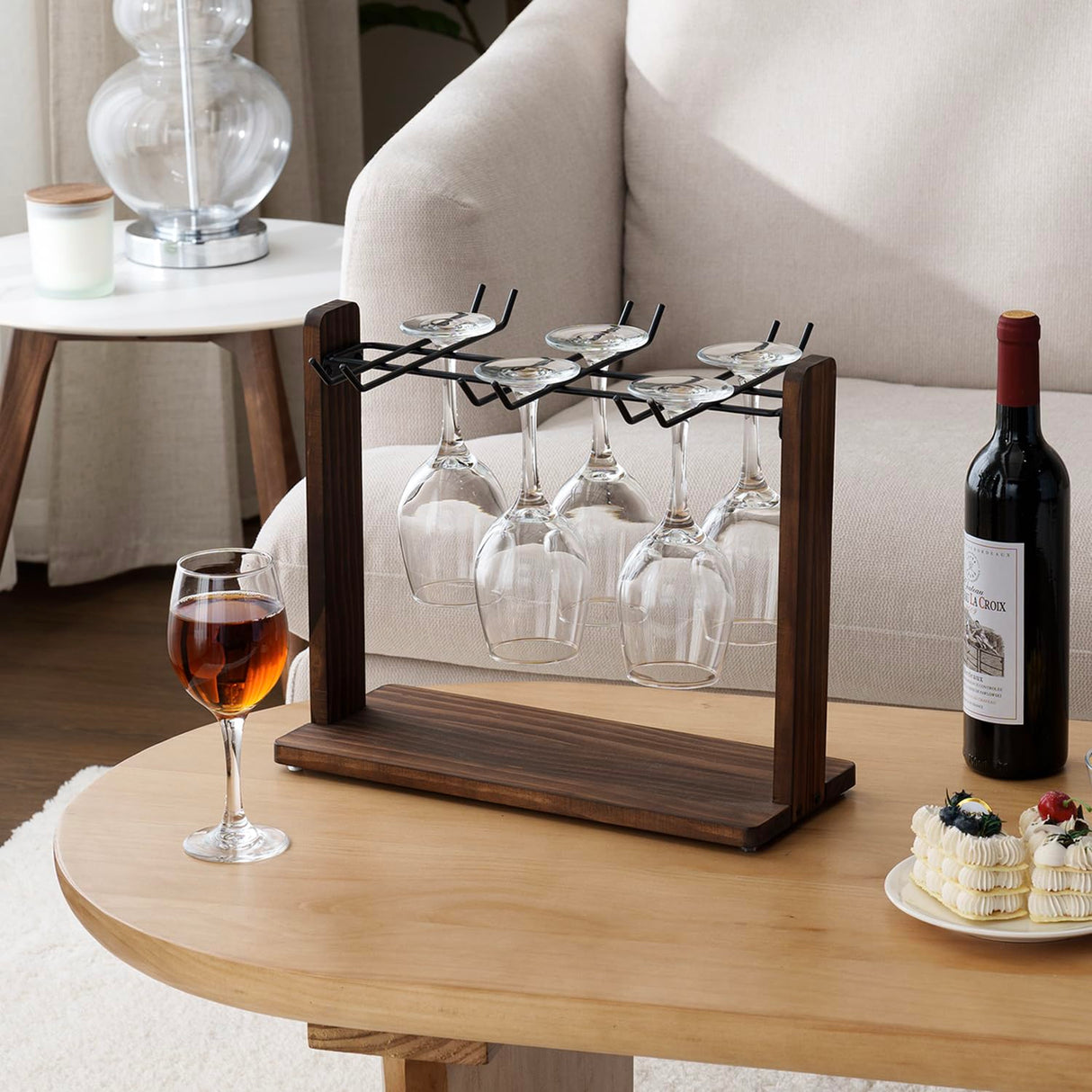 MyGift Modern Burnt Brown Solid Wood and Matte Black Metal Wire Tabletop Wine Glass Holder, Countertop Drying Rack for Drinking Glasses, Goblets, Flut MyGift