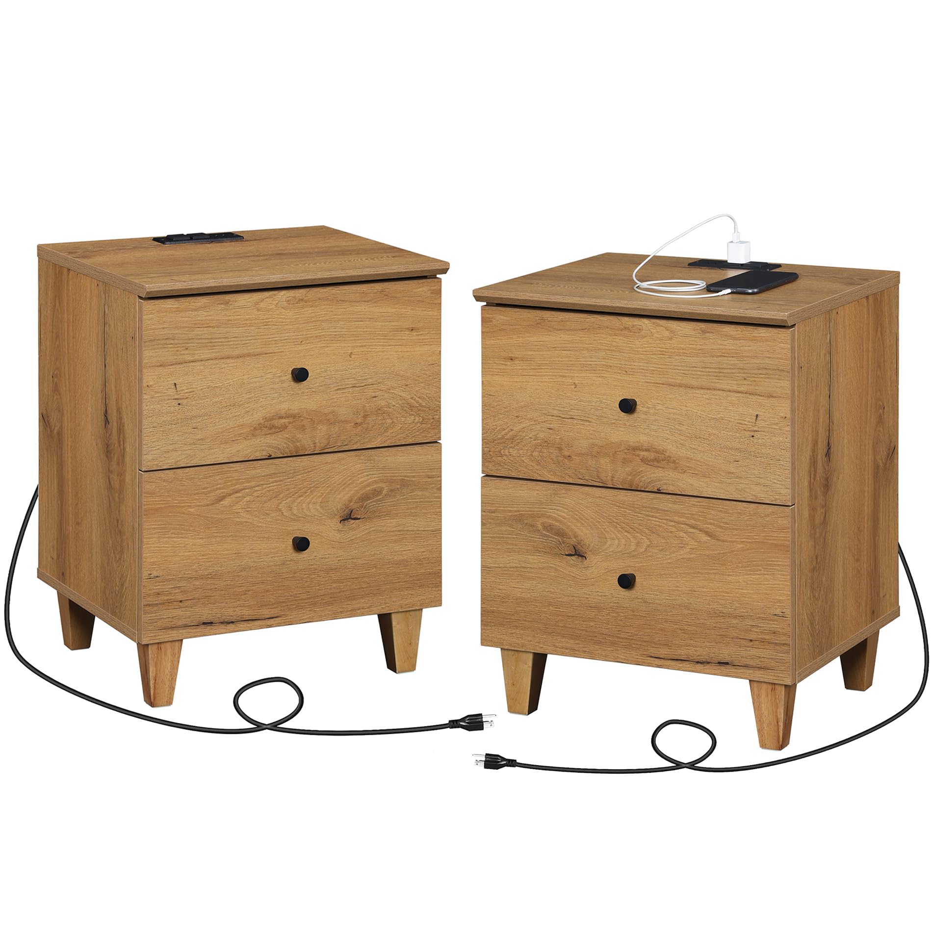 Set of 2 Nightstands with Charging Station &2 Drawers Storage Shelf, Modern End Tables Farmhouse Wood Bedside Table for Living Room and Bedroom,Oak Brown - WoodArtSupply