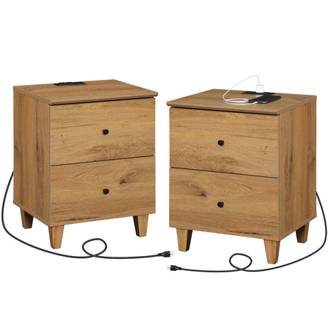 Set of 2 Nightstands with Charging Station &2 Drawers Storage Shelf, Modern End Tables Farmhouse Wood Bedside Table for Living Room and Bedroom,Oak Brown WAMPAT