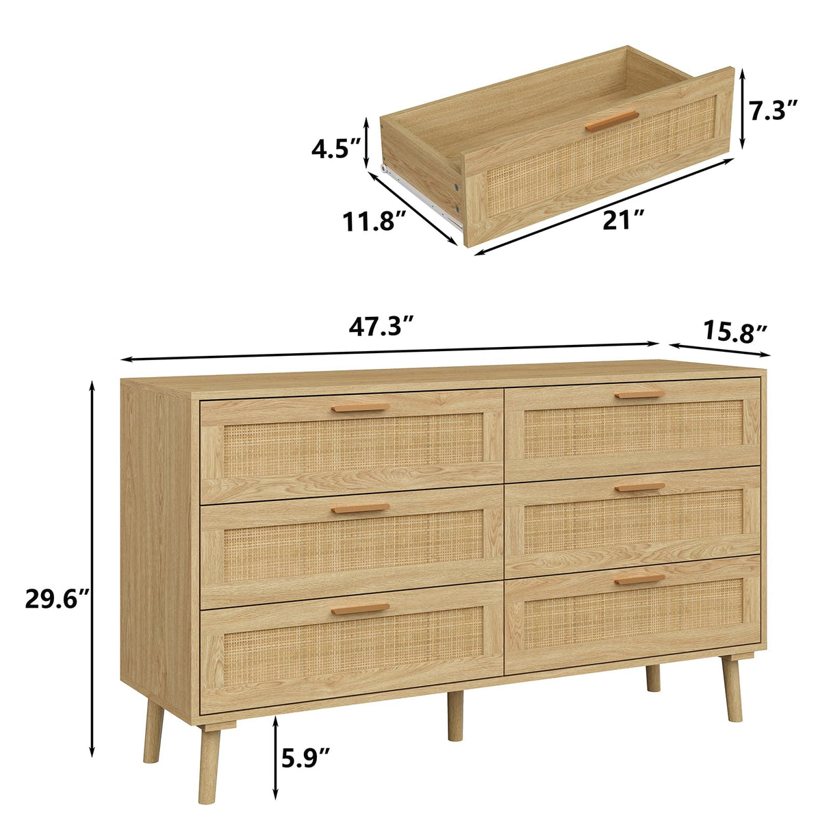 Furniouse 6 Drawer Double Dresser for Bedroom, 47.3" Rattan Chest of Dressers with Storage and Gold Handle, Natural Rattan Dresser for Living Room, Hallway, Entryway Furniouse