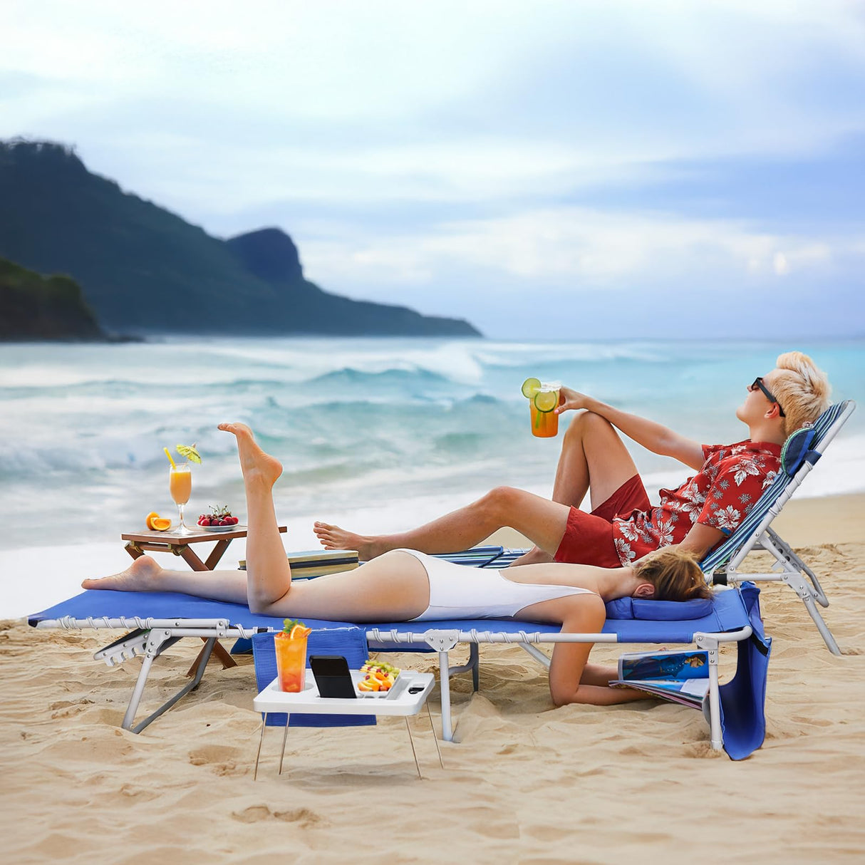 3-in-1 Beach Chair Face Holes, Lounge Chair Outdoor with Folding Side Table, 5-Position Recliner, Lay Flat, Removable Pillow, Heavy Duty, Max 330lbs, Poolside, Patio, Camping, Backyard Striped Blue Yestomo