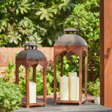 Glitzhome Set of 2 Mondern Farmhouse Wooden Lantern Hanging Decorative Candle Lanterns for Outdoor & Indoor Brown (No Glass) Glitzhome