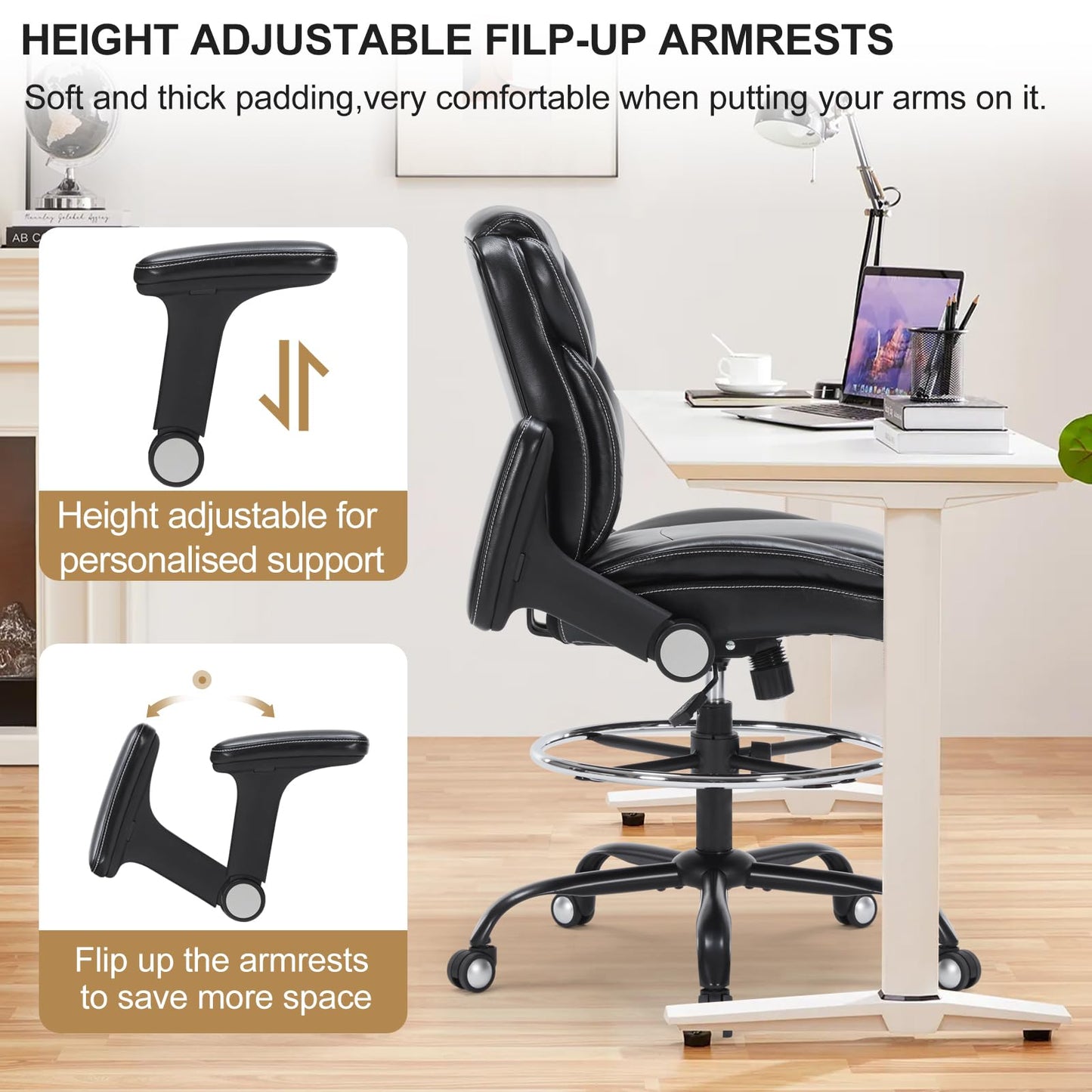 Chairoyal Drafting Chair, Ergonomic Tall Office Chair with Soft Adjustable Arms and Foot Ring, Standing Desk Chair PU Leather High Office Chair for Counter Height Desk, Swivel Computer Stool, - WoodArtSupply