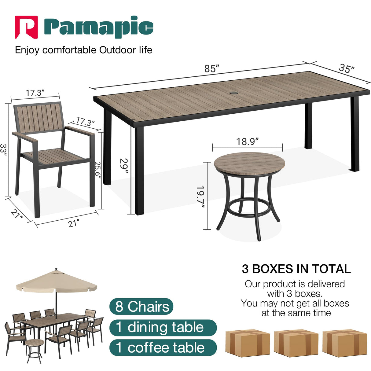 Pamapic 10-Piece Patio Dining Set，Outdoor Aluminum Furniture Set with Plastic-Wood Table Top,Outdoor Furniture Set with 8 Outdoor Stackable Chairs for Patio Garden Poolside (Walnut) Pamapic