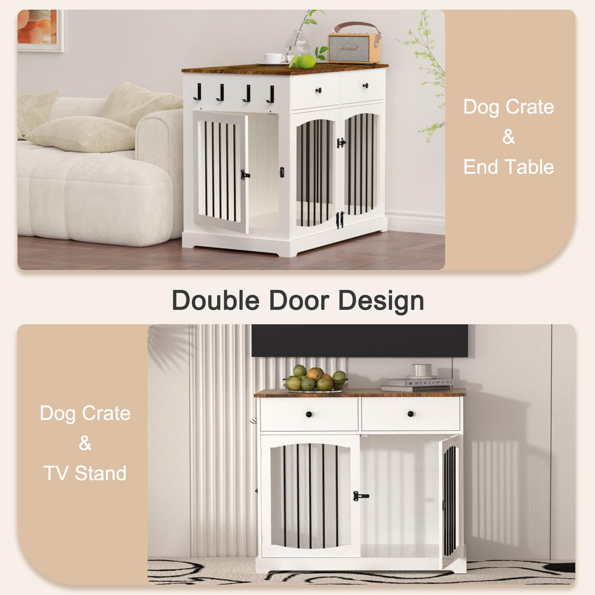 BREEZEHEAT 40 inch Dog Crate Furniture-Farmhouse Dog Kennel with Drawers-End Table Wooden Pet Crate, Double Door Design, Decorative Dog House Indoor for Small Medium Large Dog, White BREEZEHEAT