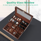 TomCare Watch Box 2-Tier Watch Case Jewelry Organizer Box with Thick Glass Lid Lockable Watch Organizer Jewelry Display Holder Sunglass Rings Necklaces Bracelets Storage Organizer for Men Women,Brown TomCare