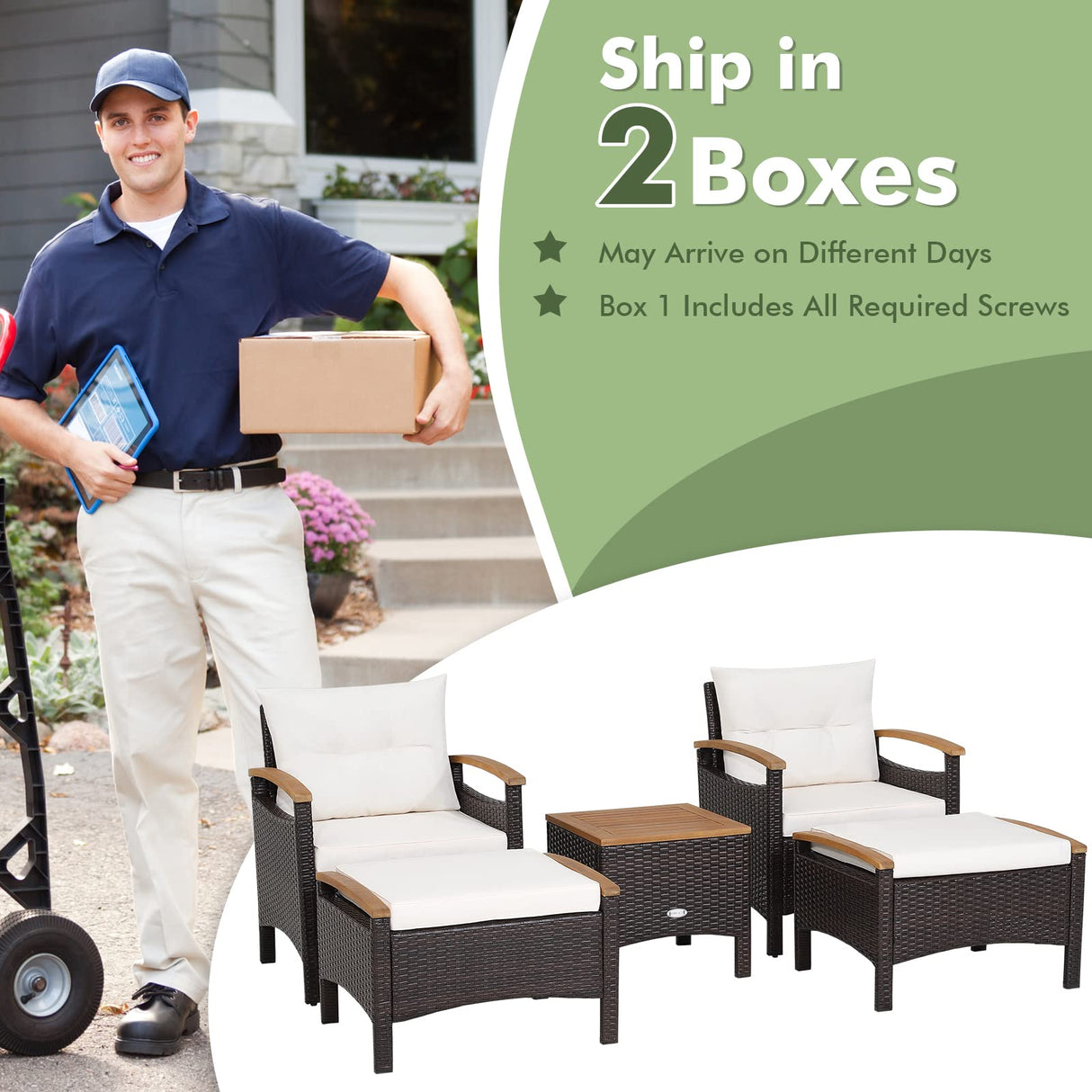 HAPPYGRILL 5 Pieces Patio Furniture Set Outdoor PE Wicker Lounge Chair and Ottoman Set with Cushions and Side Table with Acacia Wood Tabletop, Outdoor Conversation Set for Garden Poolside Backyard HAPPYGRILL