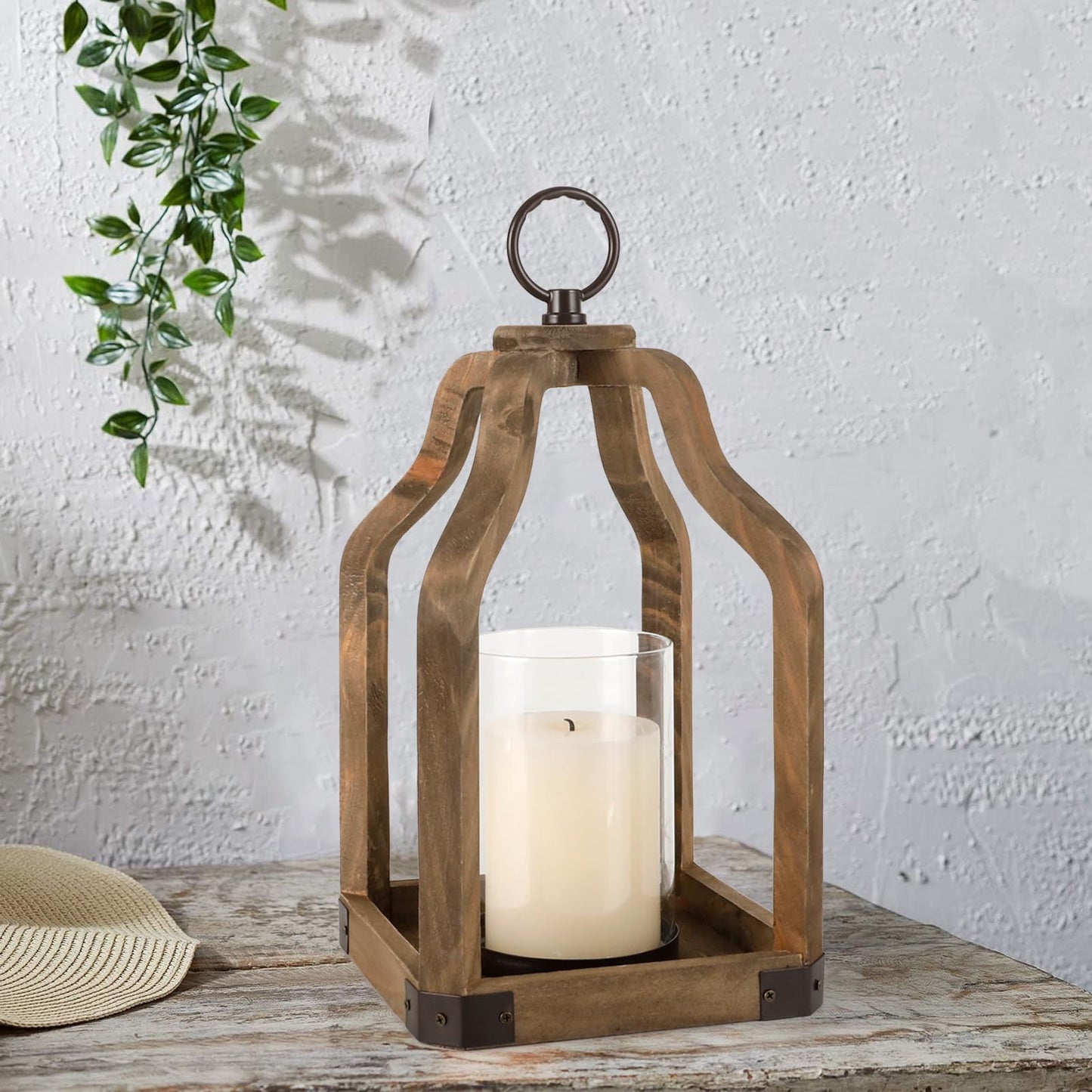 Rustic Wood Lantern Candle Holder for Farmhouse Decor - Indoor and Outdoor Table Centerpiece with Glass Hurricane, 13" High