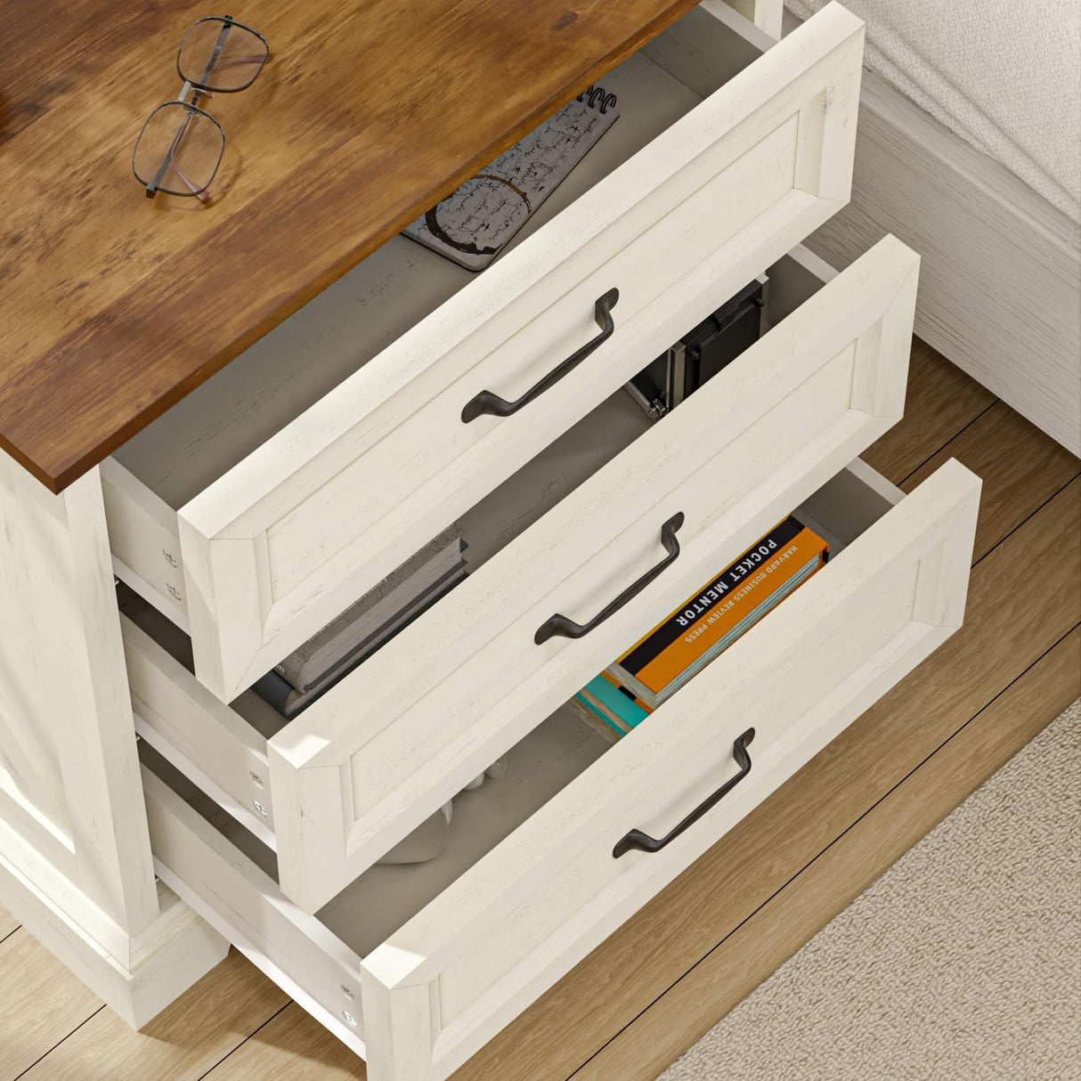 HOMMPA 24'' Farmhouse Nightstand with Charging Station, Bedside Tables with Storage, Side Table with USB Port, 3 Drawers End Table Dresser, Wood Night Stand for Bedroom, Living Room, Rustic White HOMMPA