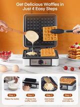FOHERE Belgian Waffle Maker 4 Slices, 1200W Square Waffle Iron, 5 Browning Levels, Nonstick Plates, Cool-touch Handle, Anti-scald, Anti-overflow, Indicator Lights, Recipe, White FOHERE