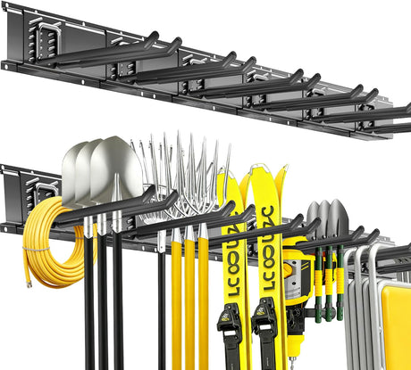 CRXCRC Garage Tool Organizer Wall Mount, 48inch Heavy Duty Garden Tool organizer Storage System, Easy Install With 6 Adjustable Straight Hooks, For Garage, Basement, Shed, Workshop(Black) CRXCRC