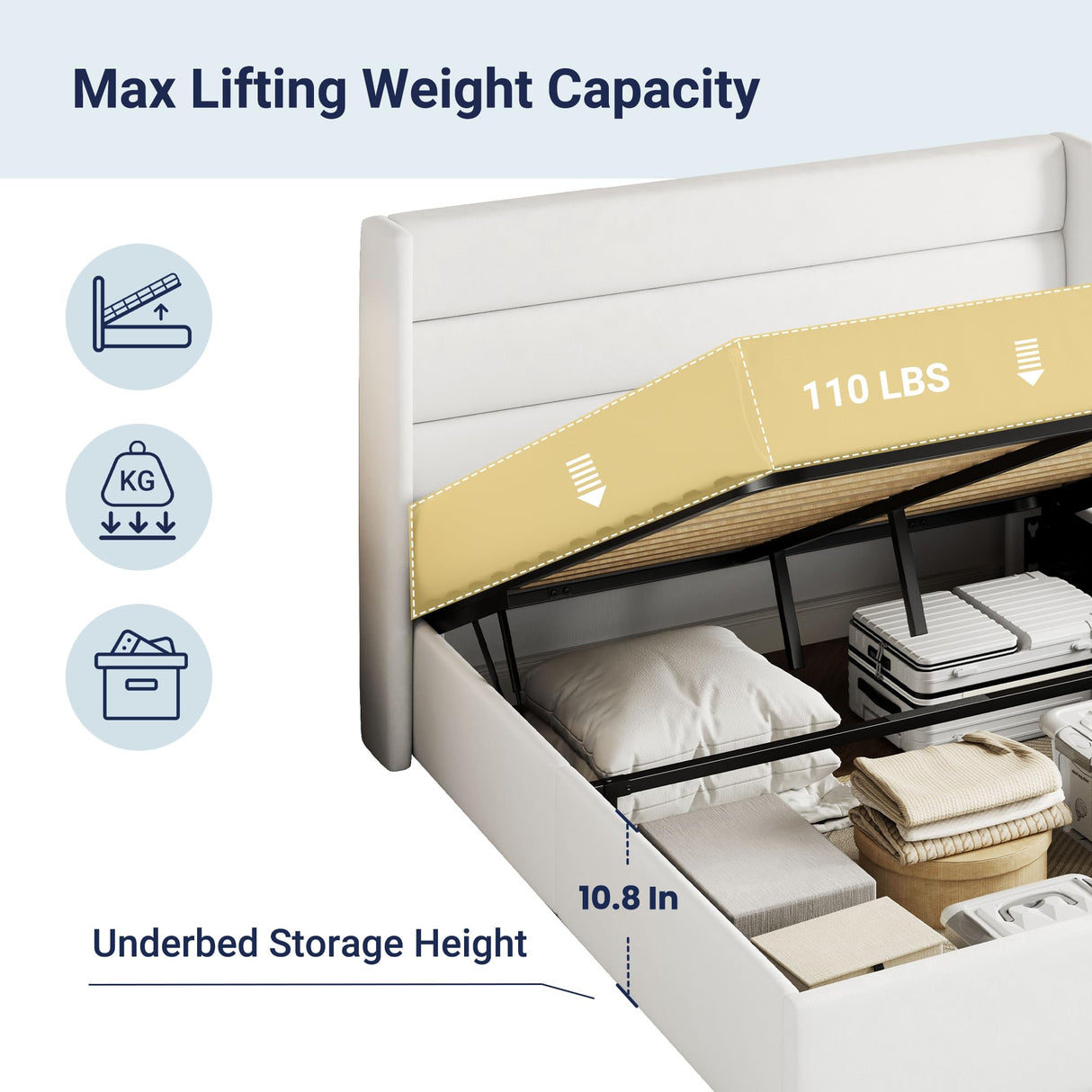 Allewie Queen Size Velvet Lift Up Storage Bed, Modern Wingback Headboard, Hydraulic Support, No Box Spring Needed, White Allewie