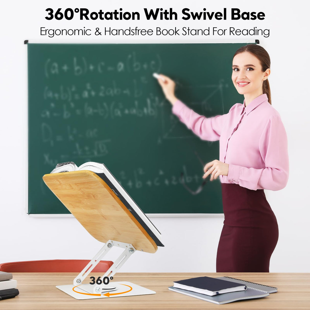 Book Stand for Reading Large Book Holder with 360° Rotating Base, 15.4"x11" Cookbook Stand Desktop Holder with Book Light, Foldable Desktop Stand for Textbook, Recipe, Laptop, Sheet Music FLINKYE