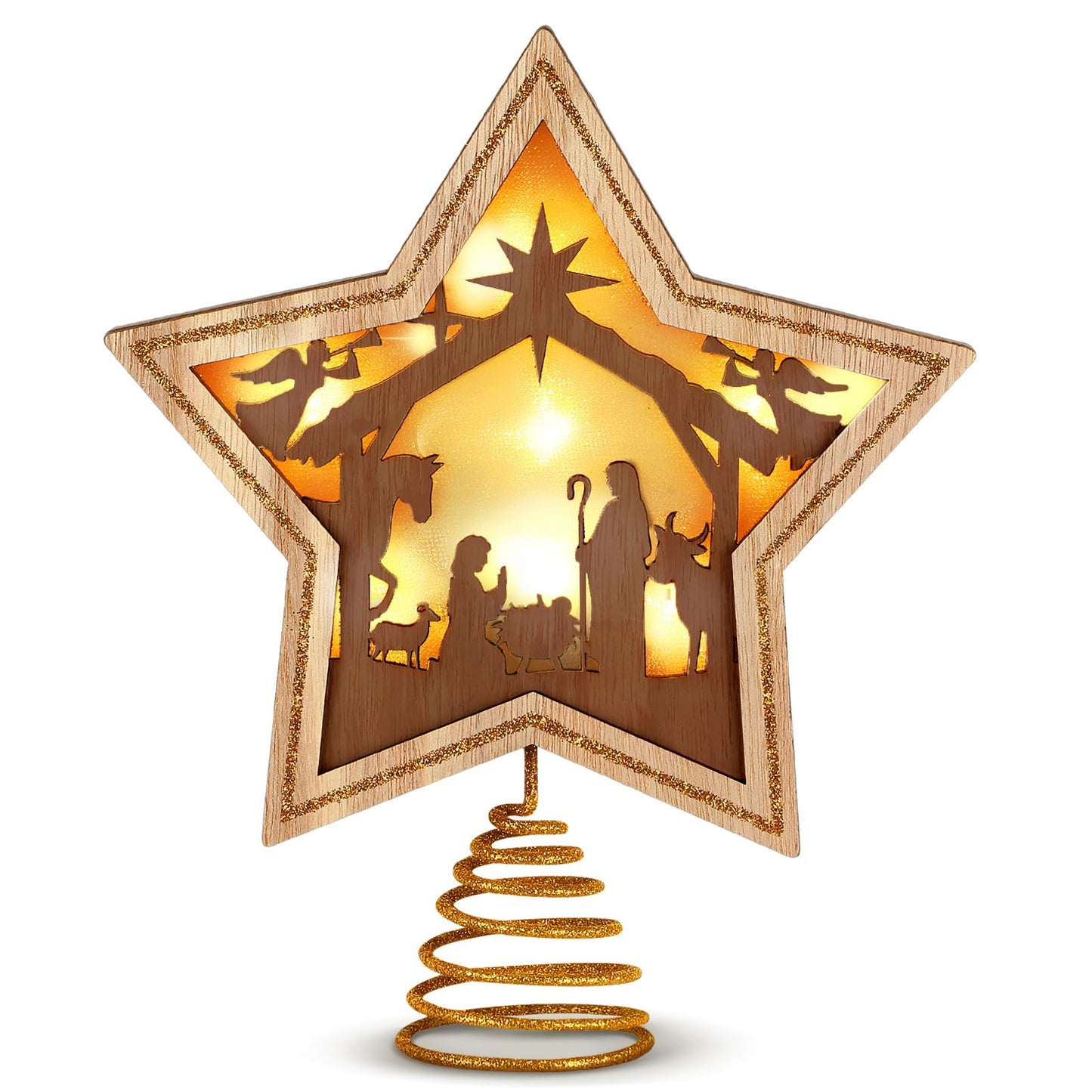 Craftsatin 9.2 x 7.8 Inch Brown Wood Christmas Tree Topper Golden Star Nativity Tree Topper Star of Bethlehem with LED Light for Christmas Party Decoration Tabletop Display Housewarming Birthday Gift