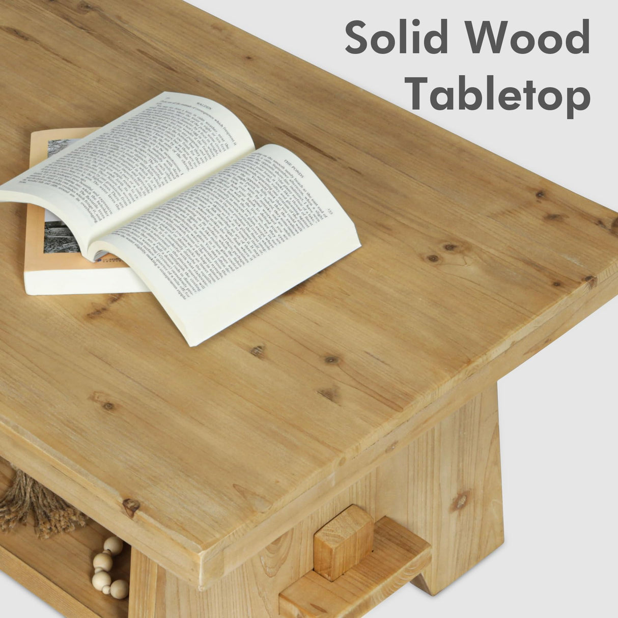 HOKYHOKY Farmhouse Wood Coffee Table - 43.4” Mid Century Modern Wooden Coffee Tables for Living Room, Solid Firwood Tabletop Rectangle Coffee Table, Center Table for Living Room, Natural Wood Color HOKYHOKY