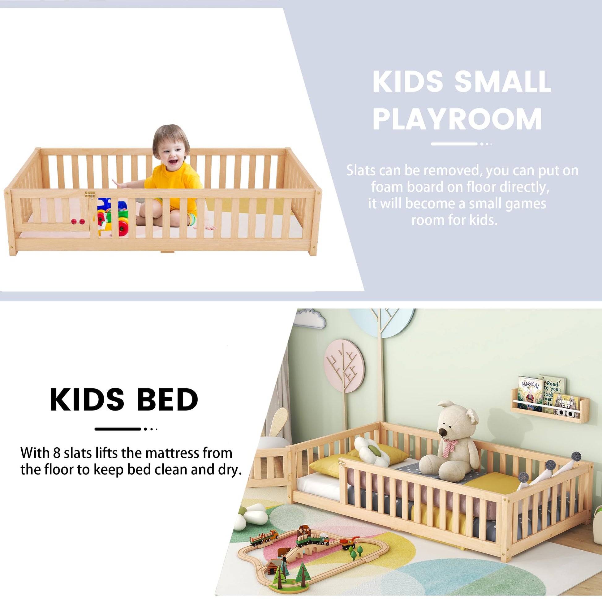 CITYLIGHT Twin Montessori Floor Bed with Rails and Door - Natural Wood Frame for Kids - WoodArtSupply