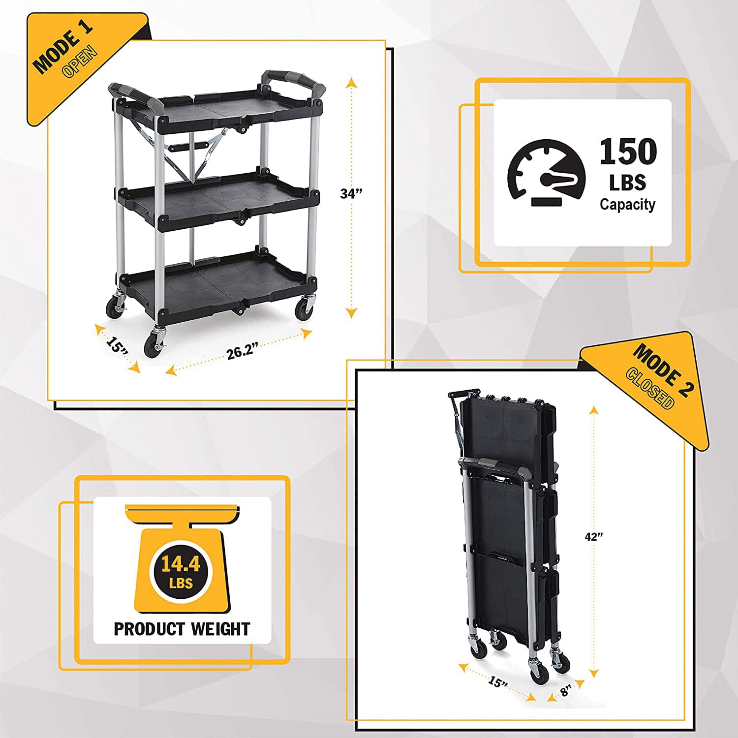 Olympia Tools 85-188 Pack-N-Roll Folding Collapsible Service Cart, Black, 50 Lb. Load Capacity per Shelf - WoodArtSupply