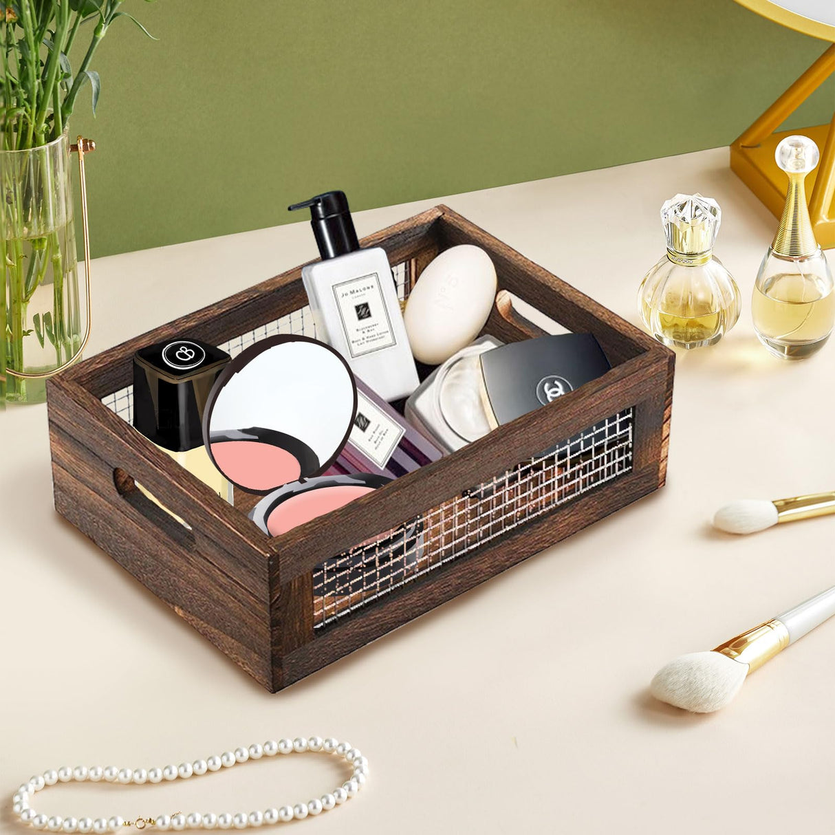 Hyuetrsa Rustic Countertop Nesting Basket with Handle Wooden Countertop Baskets Set for Countertop, Fruit, Veggies, Kitchen,Gift Basket Small Decorative Wood Wire Containers with Handle Set of 2 Hyuetrsa