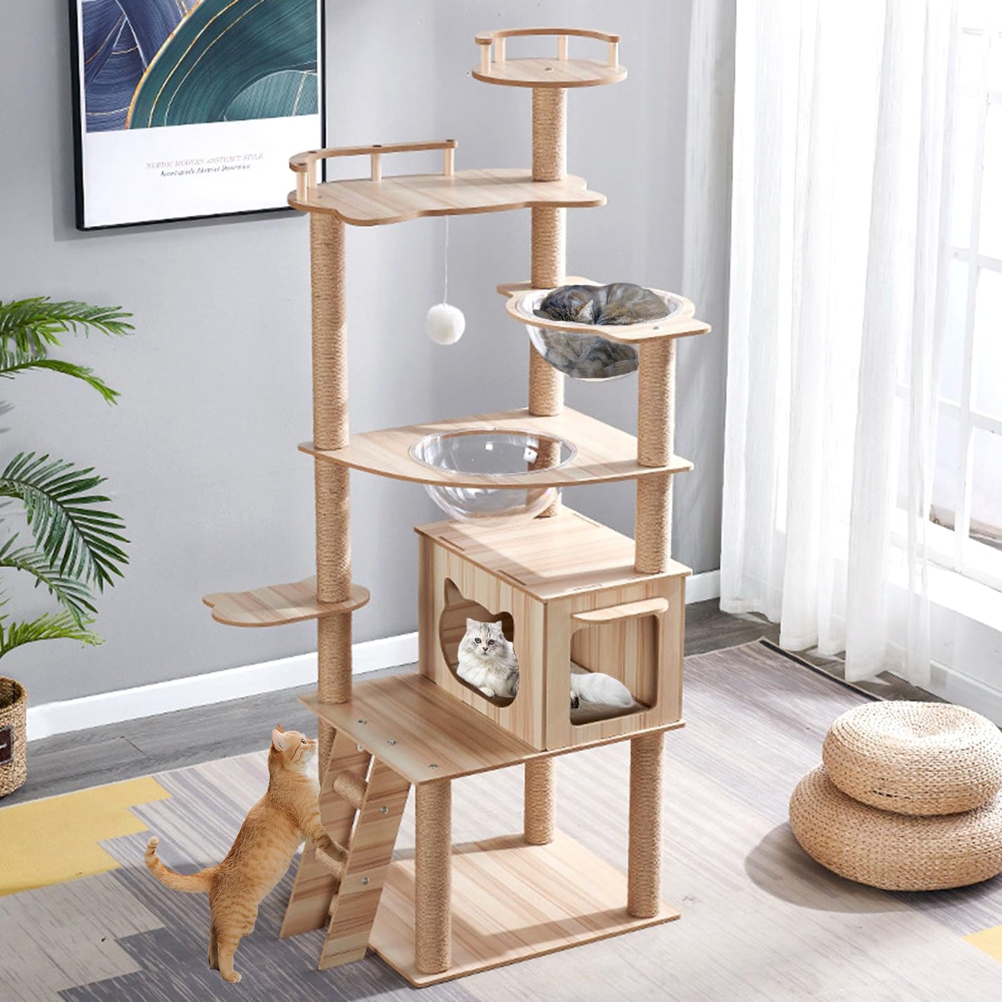 Oceskyha Cat Tree, Modern Cat Tree Tower for Indoor Cats - 67" Tall Wood Condo with Hammock, Scratching Post and Toy for Small Large Cats (Natural Color 01) - WoodArtSupply