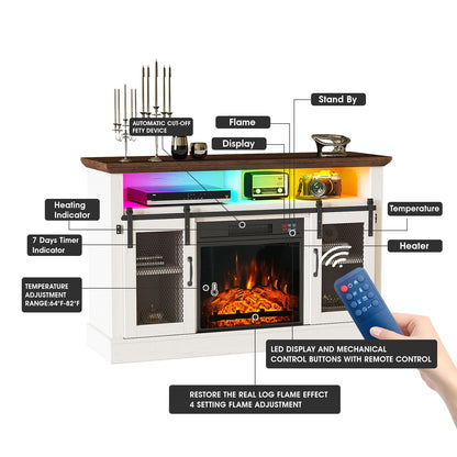 Fireplace TV Stand for TVs Up to 65 Inches, Farmhouse Entertainment Center with 23" Fireplace & LED Lights, Modern Media Console Table with Sliding Barn Door, White